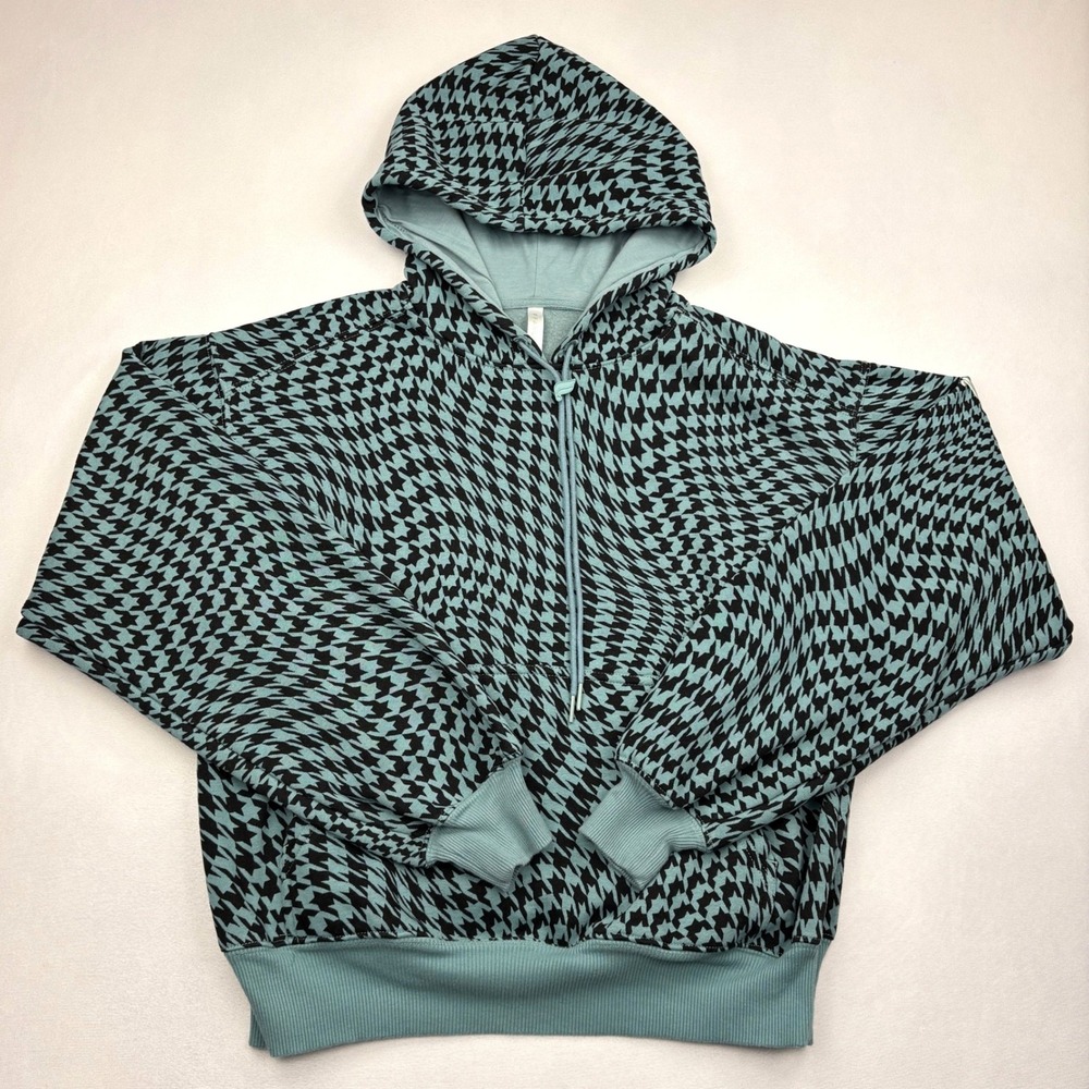 Fabletics Forever Fleece Hoodie Womens Small Teal Black Warped Houndstooth